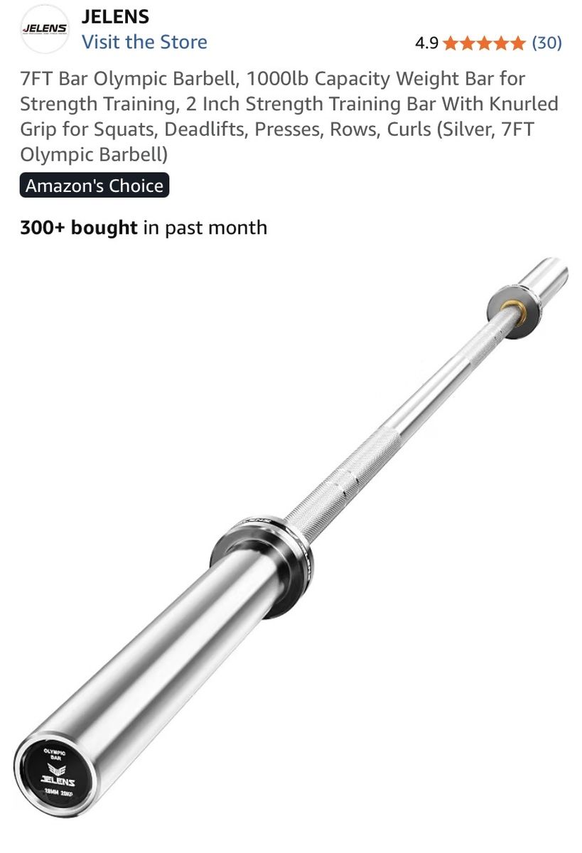 JELENS 7ft 45lbs Olympic Barbell, 1000lb Capacity, Chrome Steel, Knurled Grip for Strength Training
