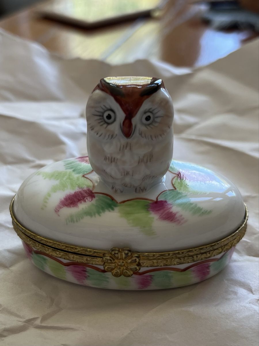 Vintage Limoges Porcelain Owl Figurine Trinket Box with Hand-Painted Floral Design