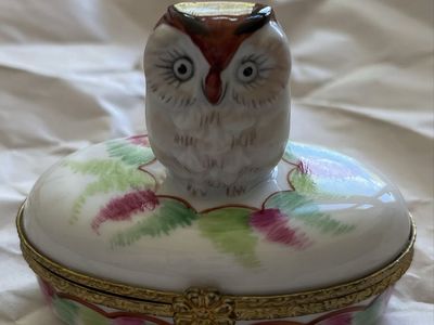Vintage Limoges Porcelain Owl Figurine Trinket Box with Hand-Painted Floral Design