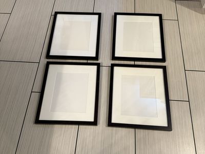 Custom Made!! Set of 4 Black Picture Frames with White Mats, 15” x 13”