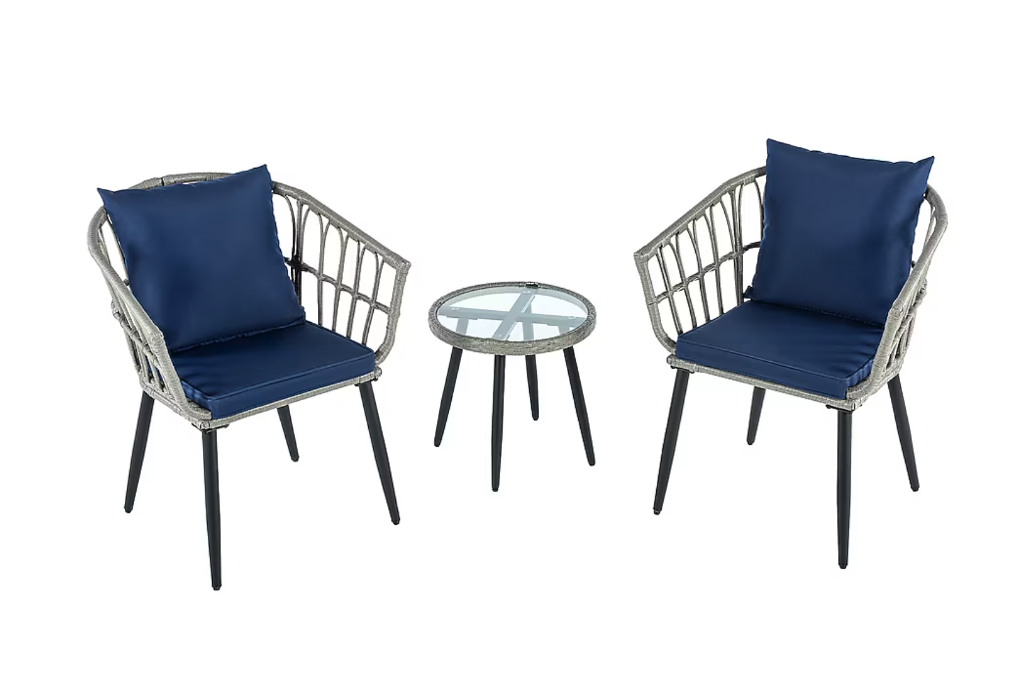 New in Box Blue 3-Piece Wicker Patio Set with Rattan Chairs and Tempered Glass Coffee Table