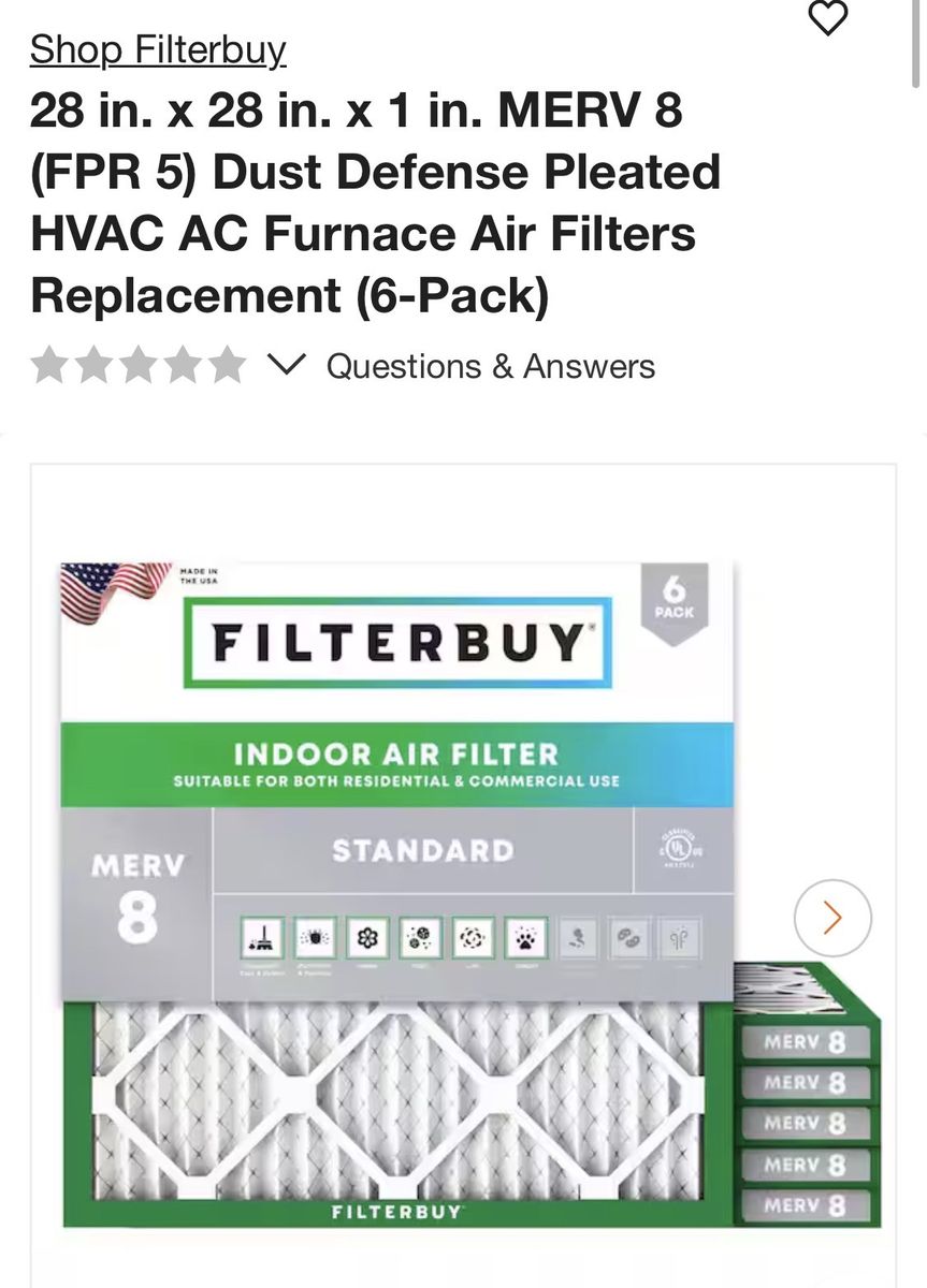 Filterbuy 28x28x1 MERV 8 FPR 5 Dust Defense Pleated HVAC AC Furnace Air Filters (6-Pack)