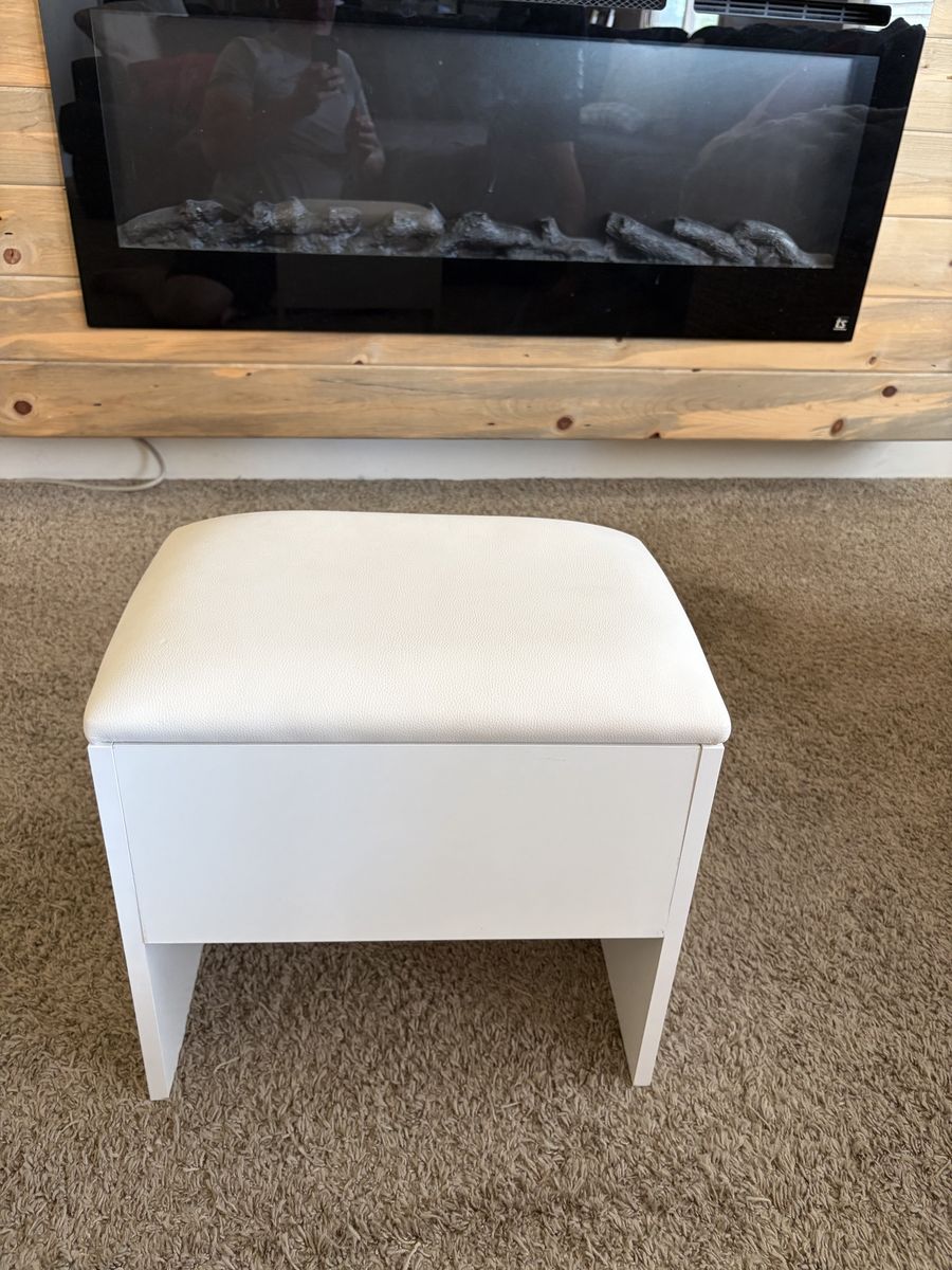 White Vanity Stool with Storage - Compact Padded Seat