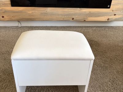 White Vanity Stool with Storage - Compact Padded Seat