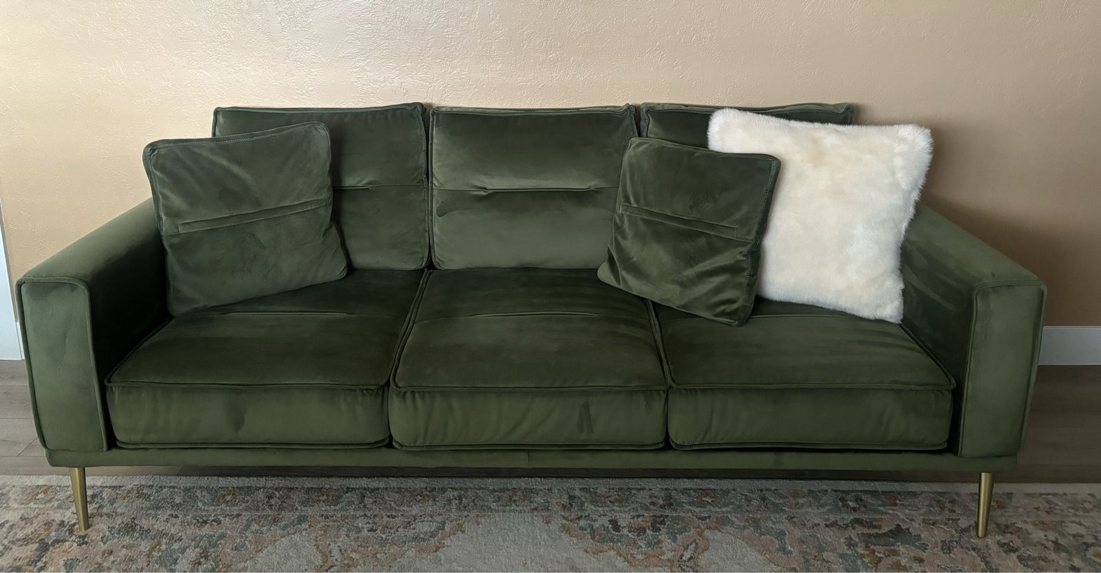 Emerald Green Velvet Couch with Gold Legs