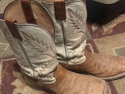 Tony Lama Square Toe Western Boots - Distressed Tan & Cream Leather - Men's 9.5 D