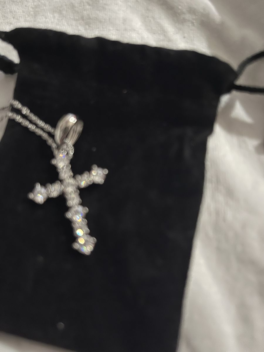 Silver Diamond-Style Pave Cross Pendant Necklace with Matching Chain
