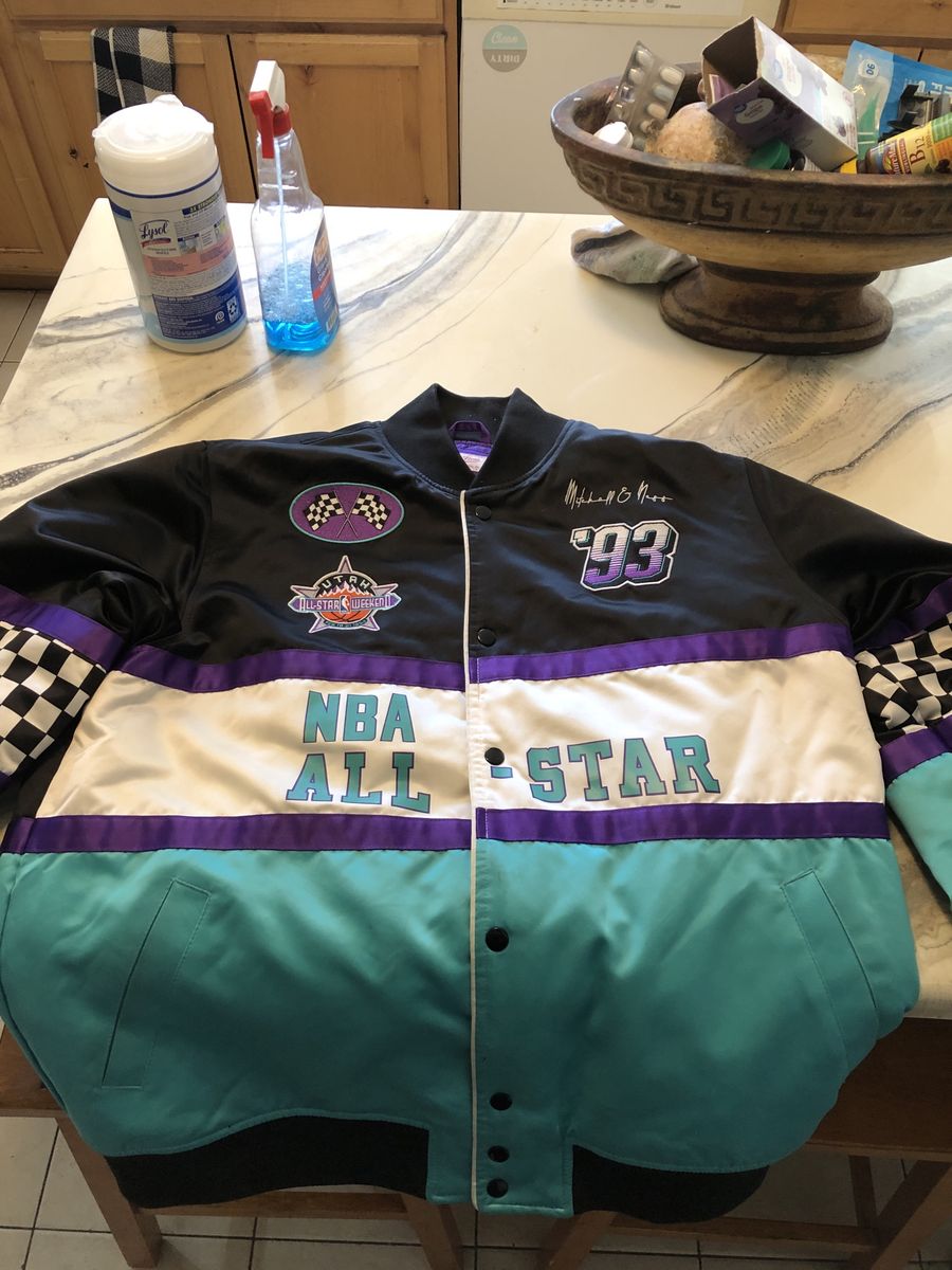 Mitchell & Ness NBA All-Star Weekend '93 Bomber Jacket Men's XL Purple Teal White Black Checkered