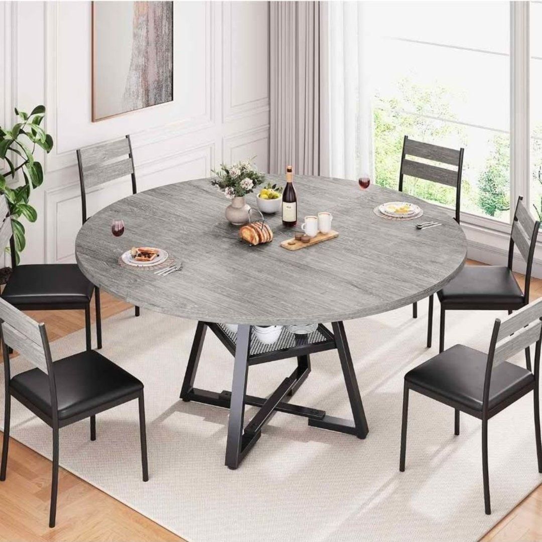 51" Round Dining Table for 4-6 People, Gray Wood Finish, Metal Frame – New  #378