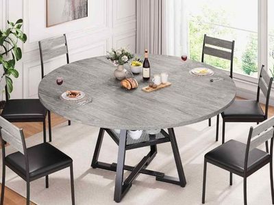 51" Round Dining Table for 4-6 People, Gray Wood Finish, Metal Frame – New #378