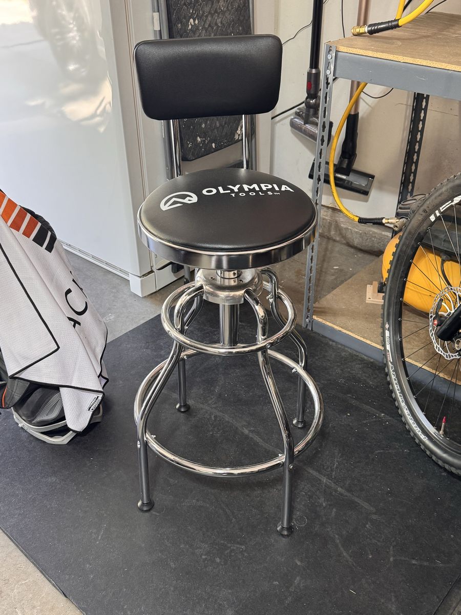 Olympia Tools Adjustable Rolling Swivel Shop Stool with Backrest - Black/Chrome