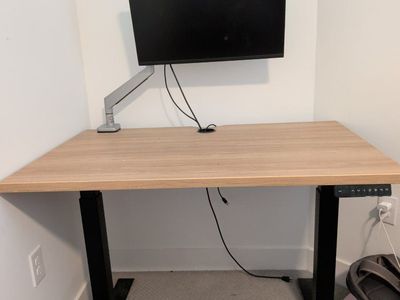Adjustable Standing Desk with Wood Grain Top and Monitor Arm