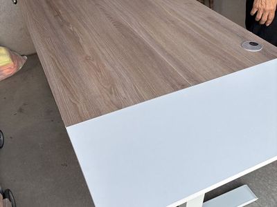 Modern Sit-Stand Desk - White & Wood Grain Top - Adjustable Height Standing Desk