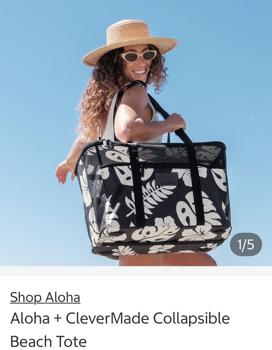 Aloha + CleverMade Collapsible Beach Tote Bag - Black/White Floral or Teal Palm Print