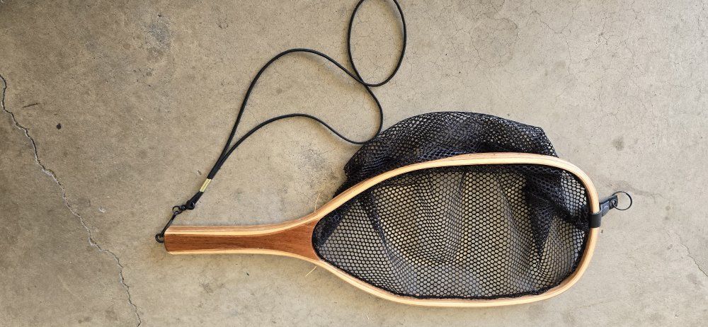 Wooden Handle Fly Fishing Net with Black Rubber Mesh and Lanyard - Catch and Release