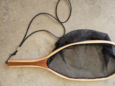 Wooden Handle Fly Fishing Net with Black Rubber Mesh and Lanyard - Catch and Release