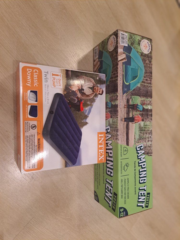 Youth camping tent and Intex twin air bed