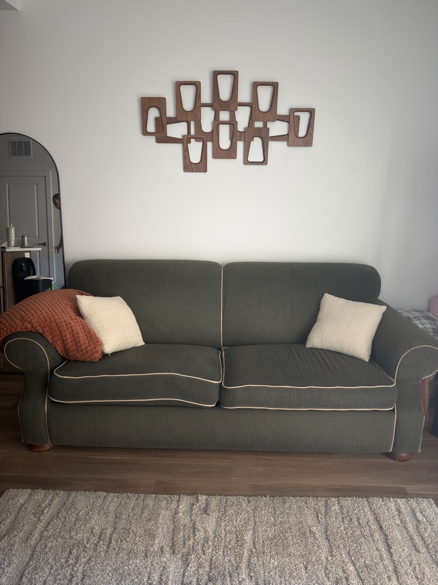 Green Fabric Couch/Sofa with Tan Piping - Used Good Condition
