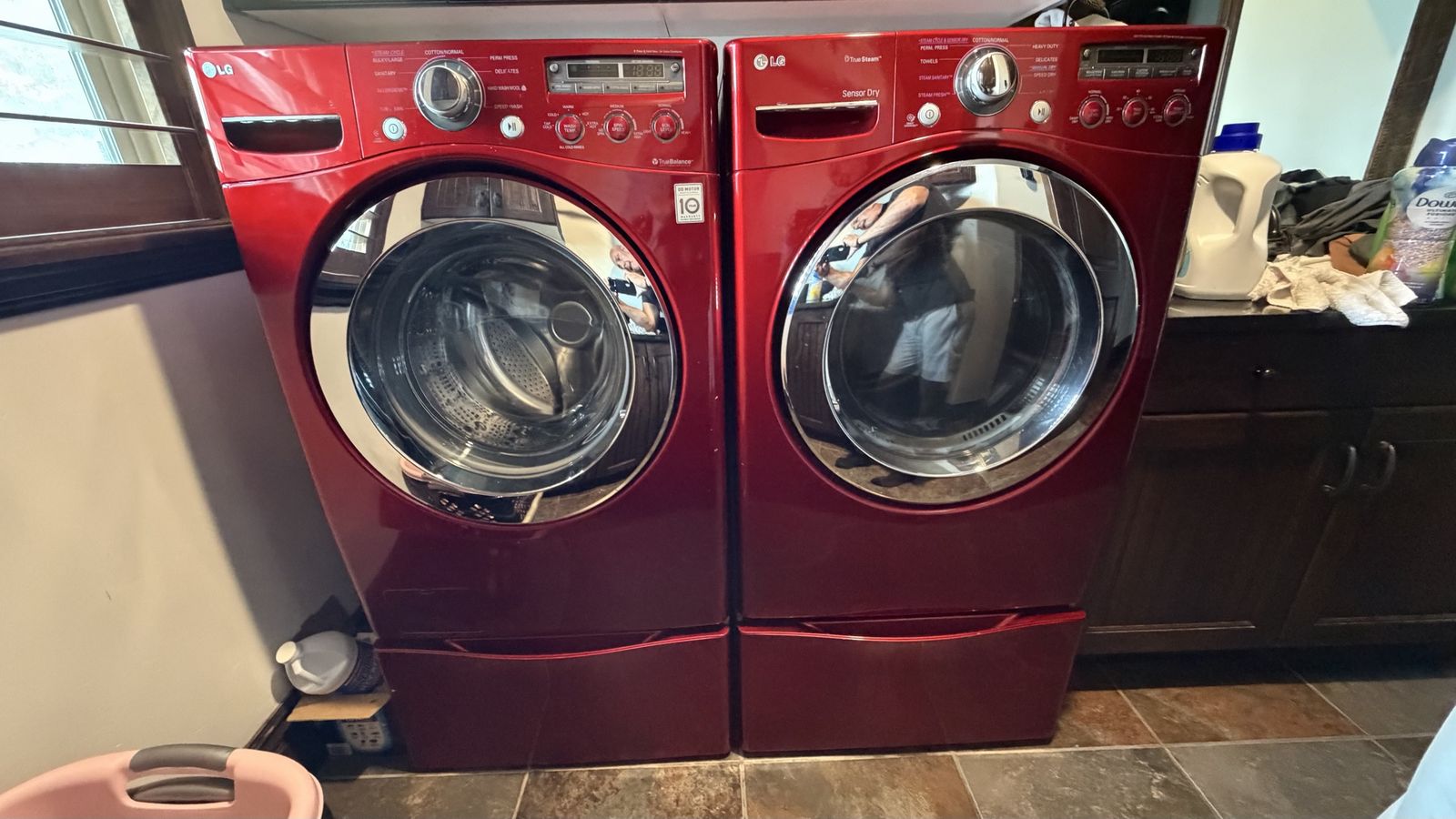 LG TrueSteam Red Front-Load Washer & Sensor Dry Dryer Set with Pedestals
