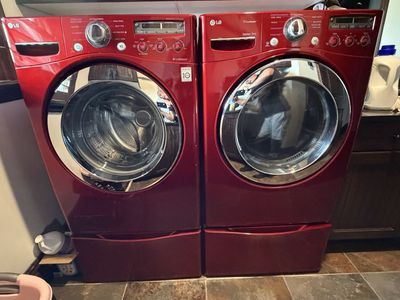 LG TrueSteam Red Front-Load Washer & Sensor Dry Dryer Set with Pedestals