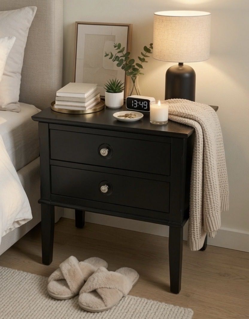 Black Nightstand with 2 Drawers - 22” W x 15.5” D x 25.5” H