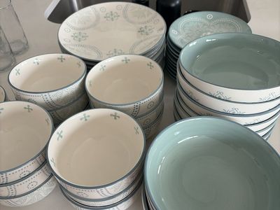Ceramic Dinnerware Set - Plates & Bowls with Light Blue & Teal Pattern