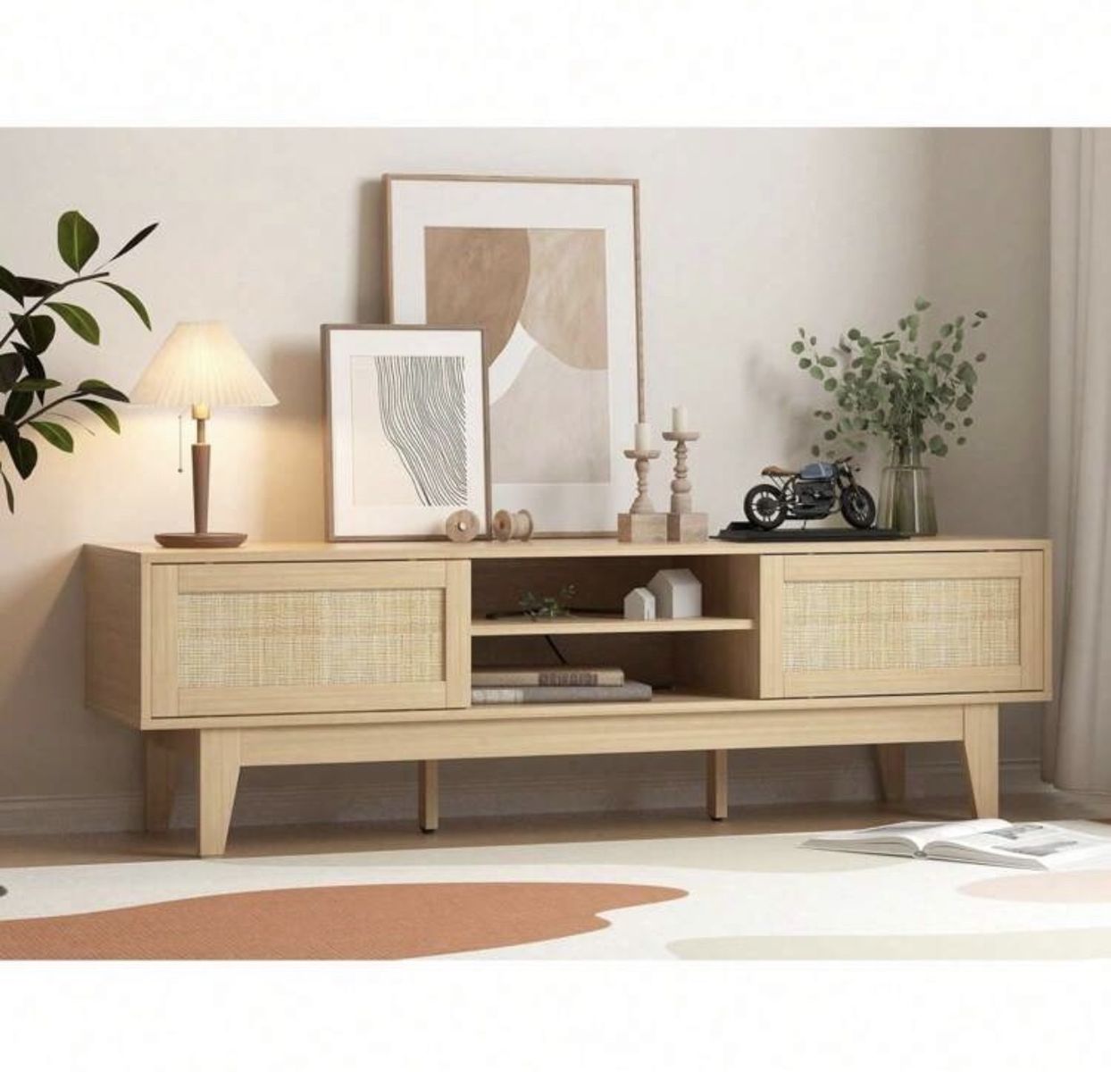 Mid-Century Modern Rattan & Wood TV Stand Console for TVs up to 65" - Light Wood Finish
