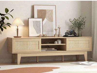 Mid-Century Modern Rattan & Wood TV Stand Console for TVs up to 65" - Light Wood Finish