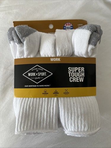 Work N' Sport Men's 6 pack Reinforced Work Crew Socks White size L