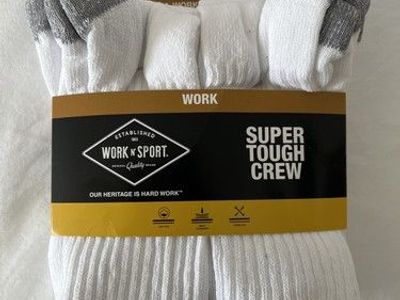 Work N' Sport Men's 6 pack Reinforced Work Crew Socks White size L