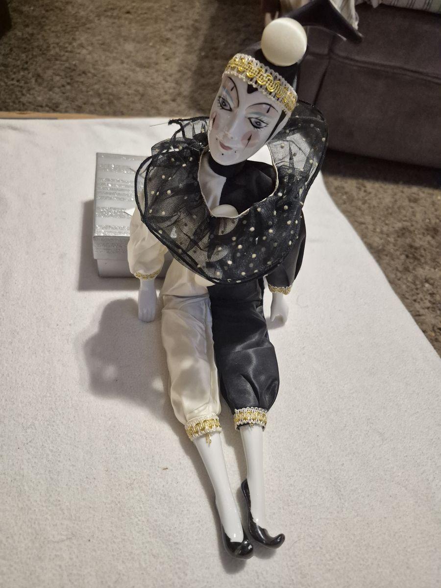 Vintage Porcelain Clown Jester Doll Black & White Harlequin Outfit Home Decor Collectible