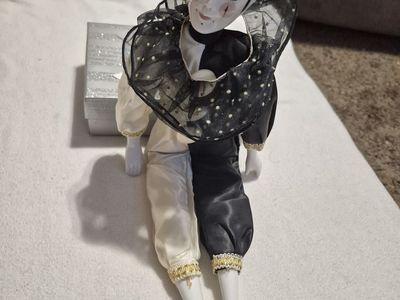Vintage Porcelain Clown Jester Doll Black & White Harlequin Outfit Home Decor Collectible