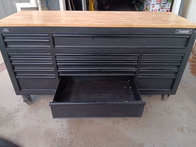 Husky Black Rolling Workbench with Wood Top and Power Strip