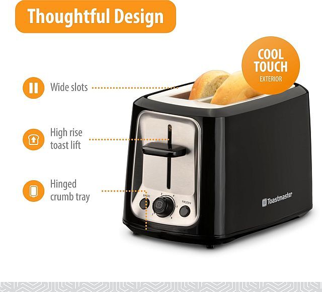 Toastmaster 2-Slice Toaster - Black with Stainless Steel - Toaster with Wide Slots, High Rise