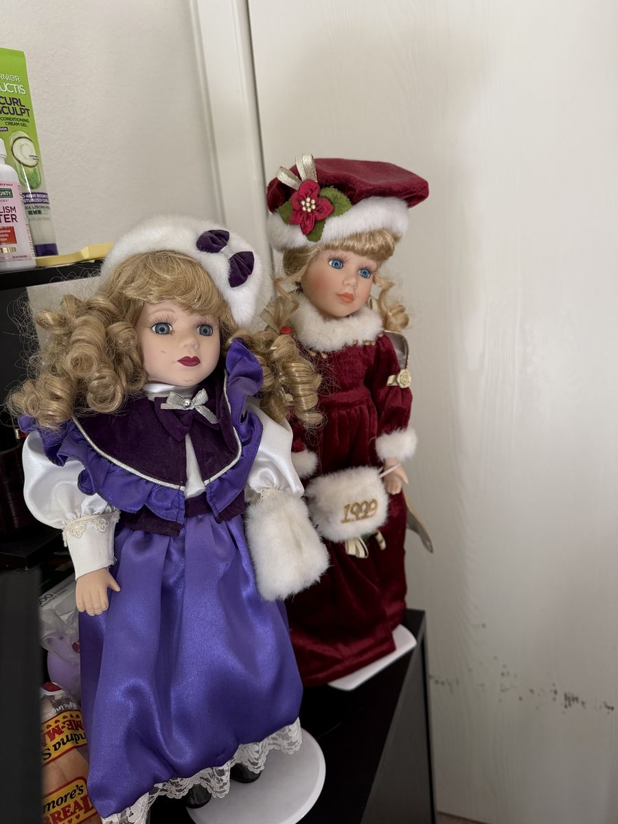 Pair of Porcelain Collector Dolls - Victorian Style Red and Purple Gowns, Blonde Hair