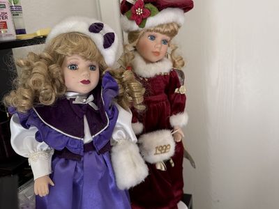 Pair of Porcelain Collector Dolls - Victorian Style Red and Purple Gowns, Blonde Hair