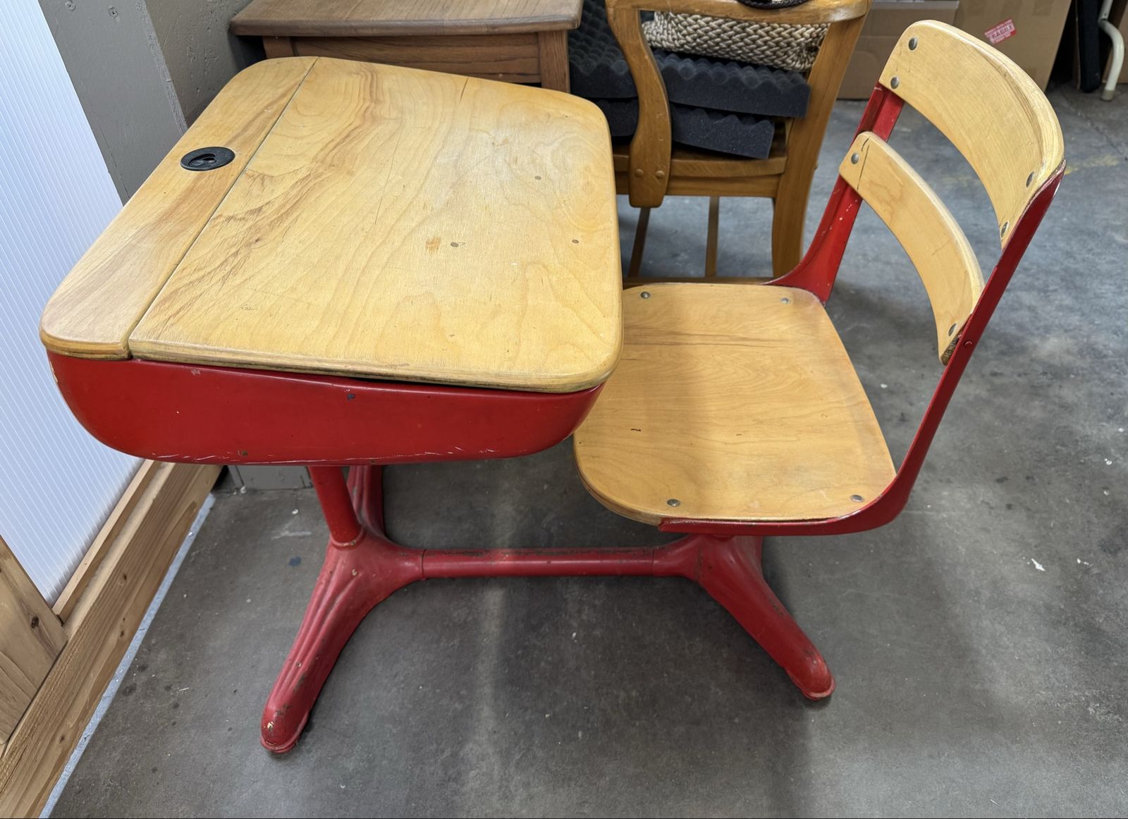 Vintage Heywood Wakefield Kids School Desk Chair Red Wood Flip Top Mid Century