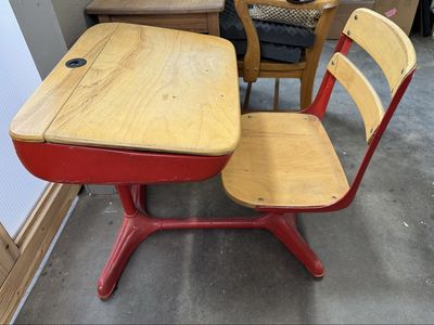 Vintage Heywood Wakefield Kids School Desk Chair Red Wood Flip Top Mid Century