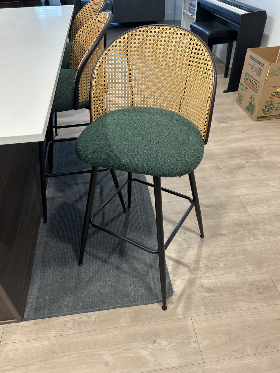 Set of 3 Modern Rattan Cane Bar Stools with Green Upholstered Seats