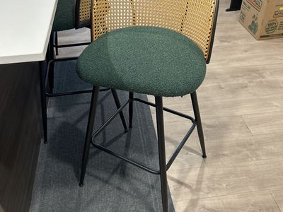 Set of 3 Modern Rattan Cane Bar Stools with Green Upholstered Seats