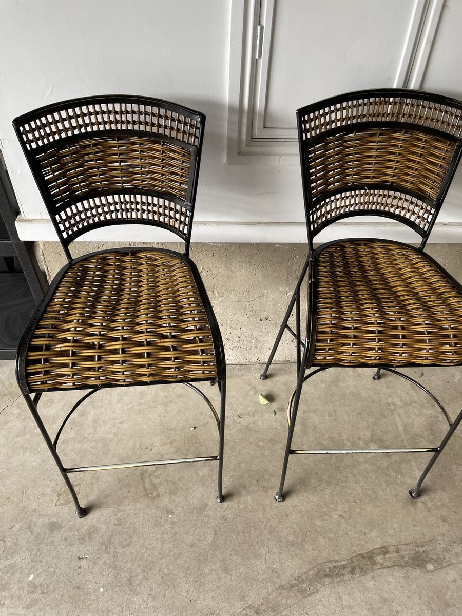 Pair of Wrought Iron and Wicker Bar Stools - Patio/Outdoor Seating