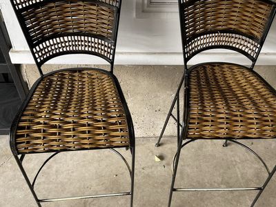 Pair of Wrought Iron and Wicker Bar Stools - Patio/Outdoor Seating