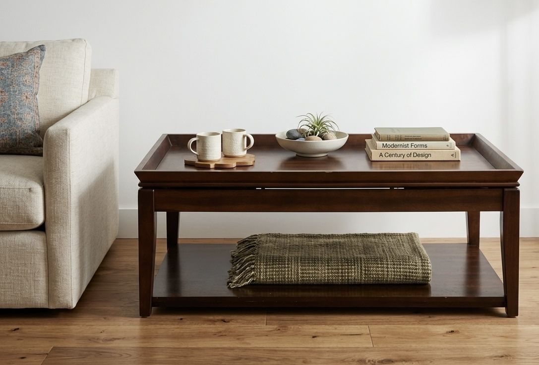 Dark Wood Lift-Top Coffee Table / Work Station with Storage Shelf