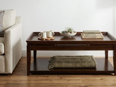 Dark Wood Lift-Top Coffee Table / Work Station with Storage Shelf