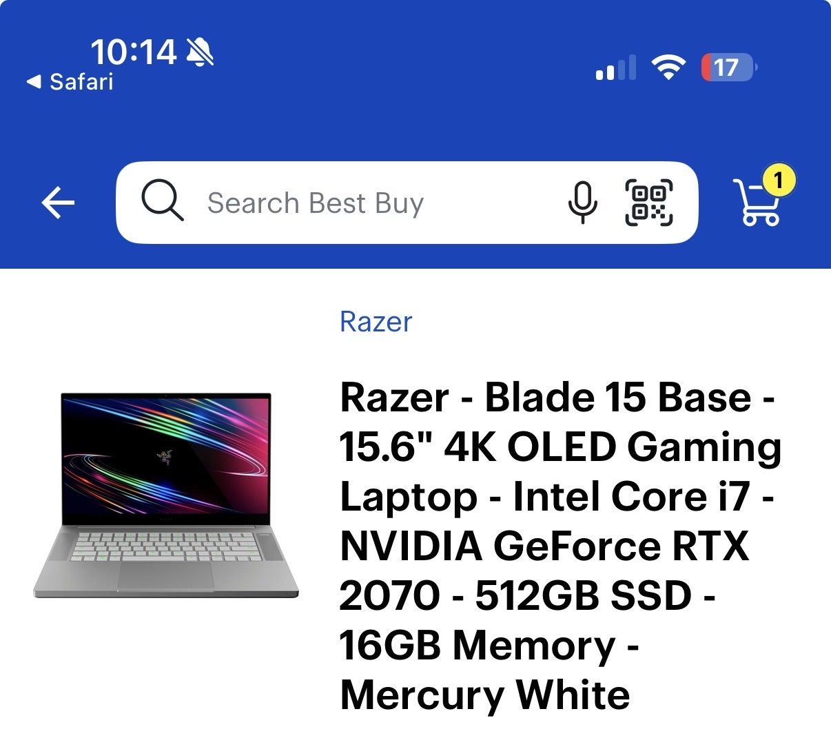Razer Blade 15 Base 15.6" 4K OLED Gaming Laptop i7 RTX 2070 512GB SSD 16GB Mercury White