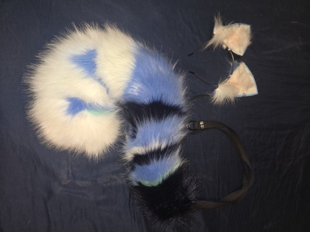 Blue, Black, and White Furry Cosplay Tail and ears set Hand made