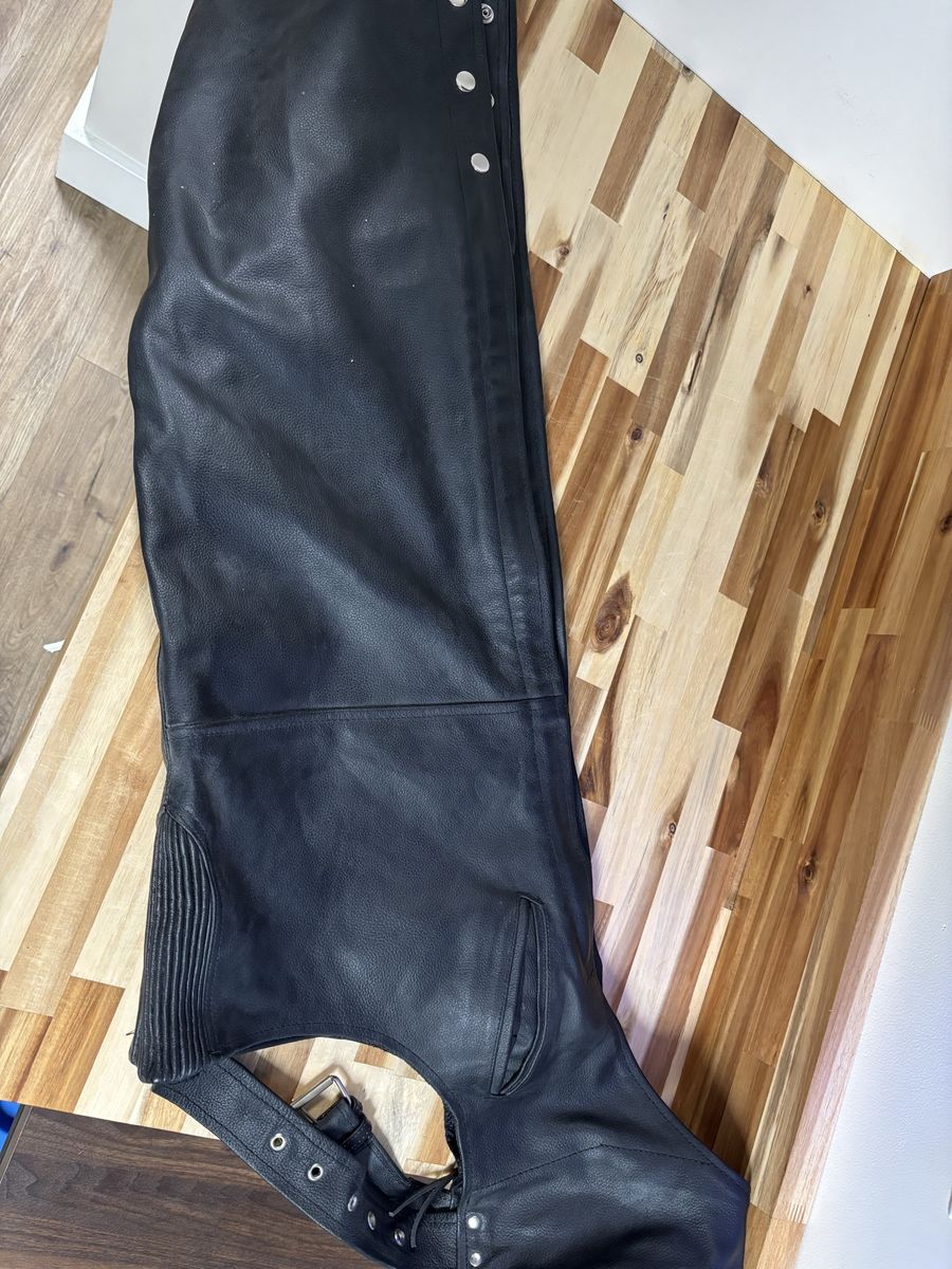 Black Leather Motorcycle Chaps with Silver Buckle and Side Snaps lined