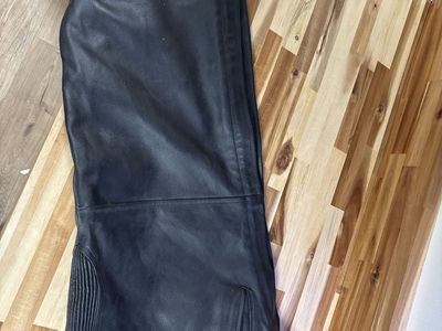 Black Leather Motorcycle Chaps with Silver Buckle and Side Snaps lined