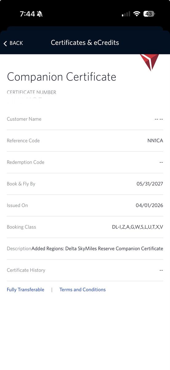 Delta SkyMiles Companion Certificate - Valid Until 05/31/2027