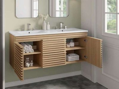 New in box wall mount vanity with double sink top